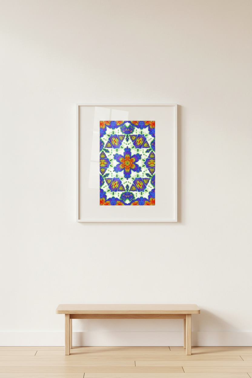BUNTES MANDALA Premium Kunstprint als gerahmtes Hochformat-Poster an weißer Galeriewand mit cleanem Licht