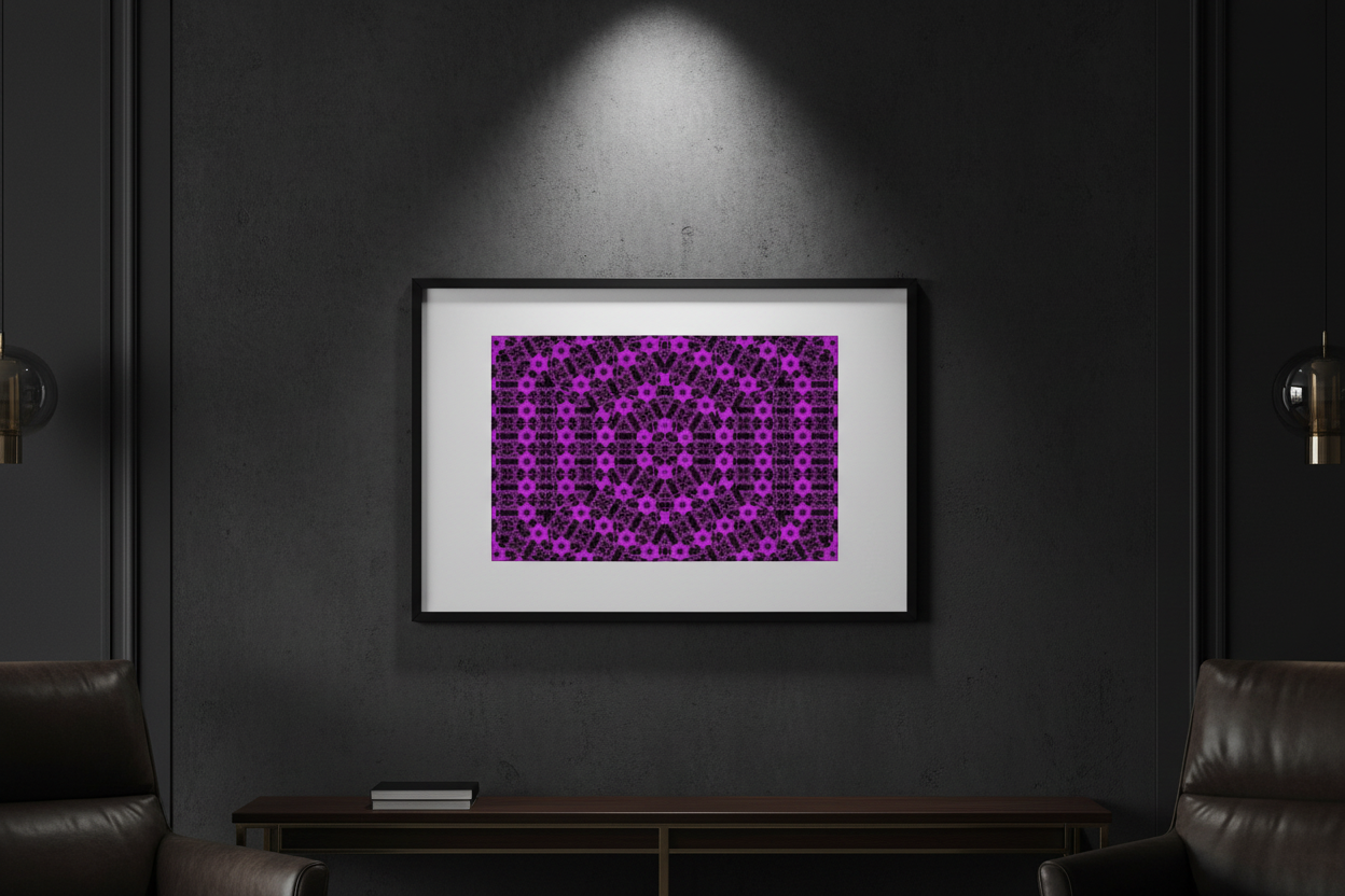 VIOLETTES RASTER Premium Kunstprint als gerahmtes Poster an dunkler Wand mit dramatischem Spotlight