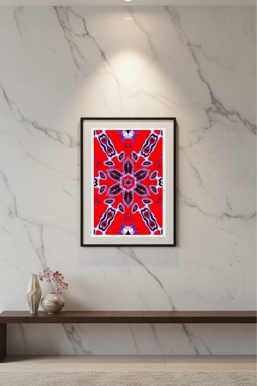 PETAL SYMMETRY WHEEL RED Premium Kunstprint als gerahmtes Hochformat-Poster an weißer Marmor-Wand