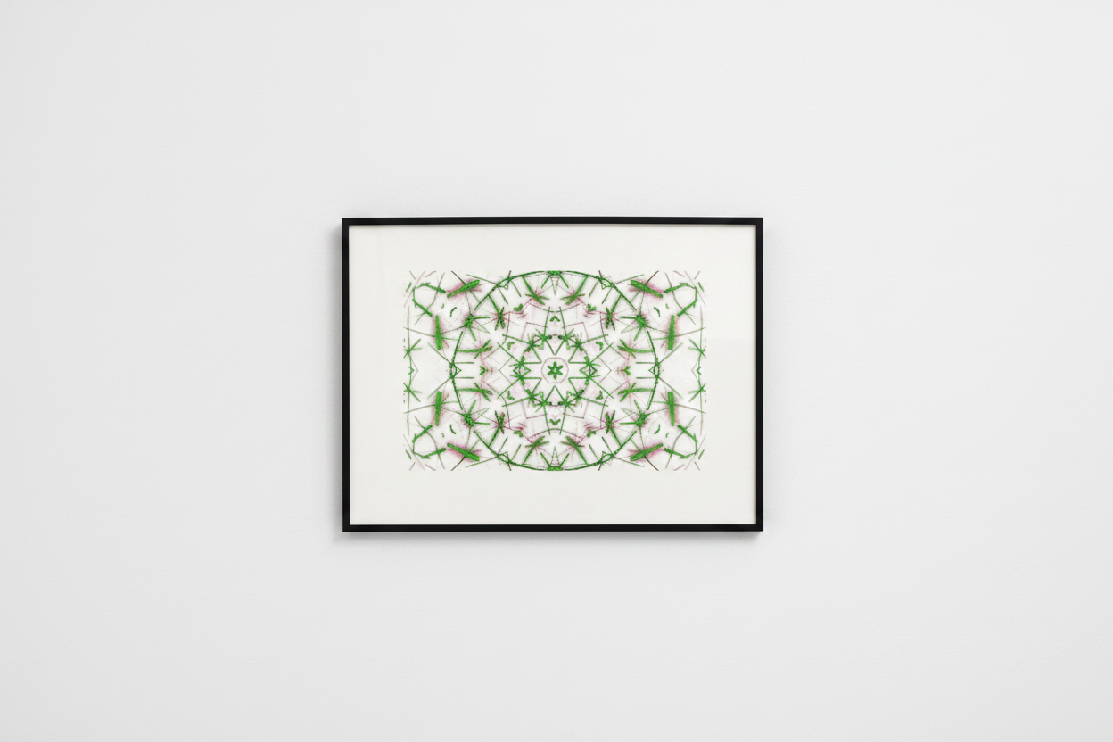 THORN BLOOM MANDALA Premium Kunstprint als gerahmtes Poster an weißer Galeriewand mit cleanem Licht