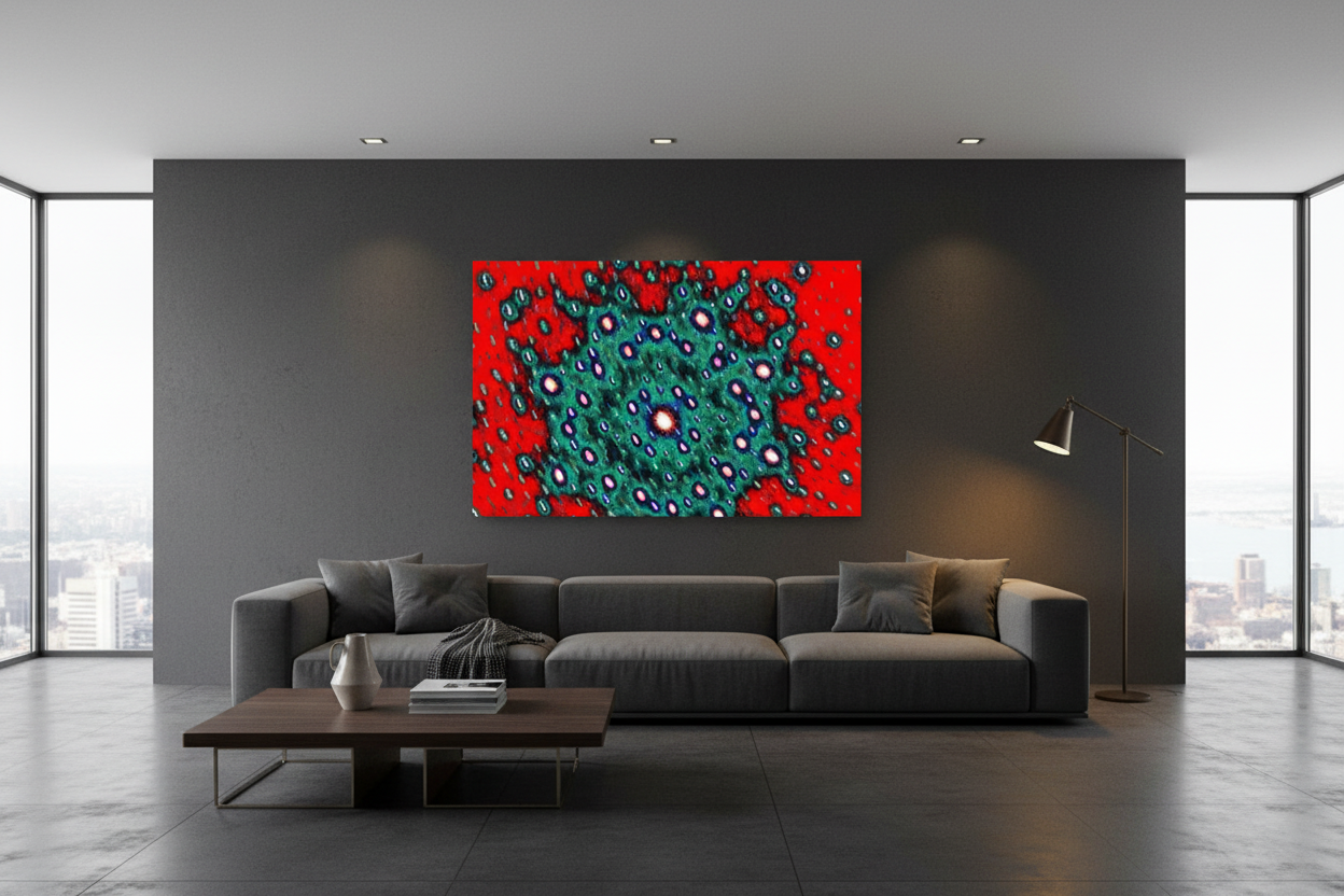 TIEFE ZELLE – Raum-Mockup, gerahmter Kunstprint mit türkis-grünen Zellstrukturen auf Feuerrot in modernem Luxus-Interieur