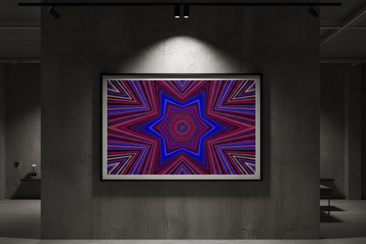 NEON-STERNPORTAL Premium Kunstprint als gerahmtes Poster an dunkler Betonwand mit dramatischem Spotlight