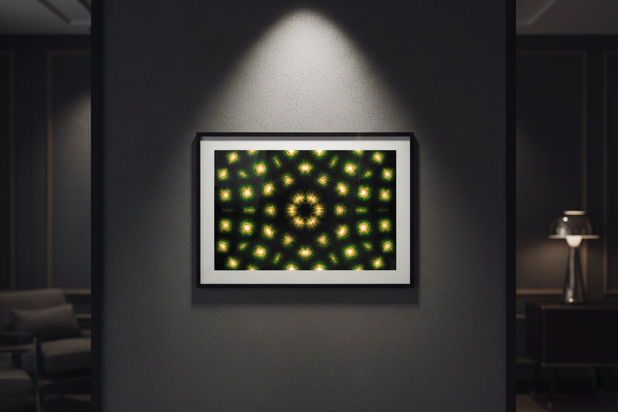 DUNKLES KOSMOS Premium Kunstprint als gerahmtes Poster an dunkler Wand mit dramatischem Spotlight