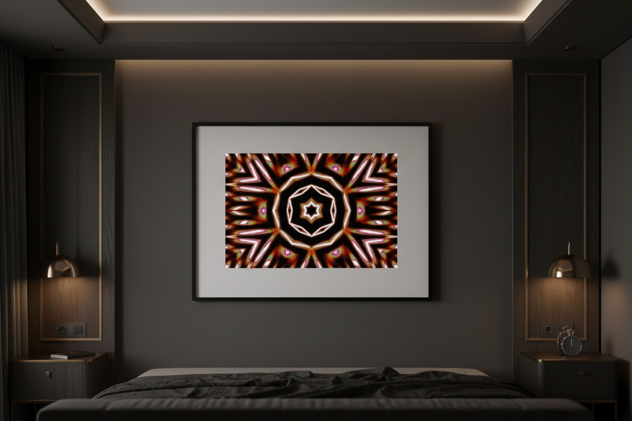 DUNKLES SOLARMANDALA — Luxus Schlafzimmer Mockup