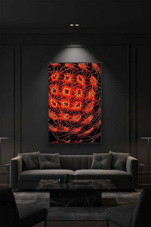 CRIMSON FLUX — Hochformat Raumansicht Premium Kunstprint