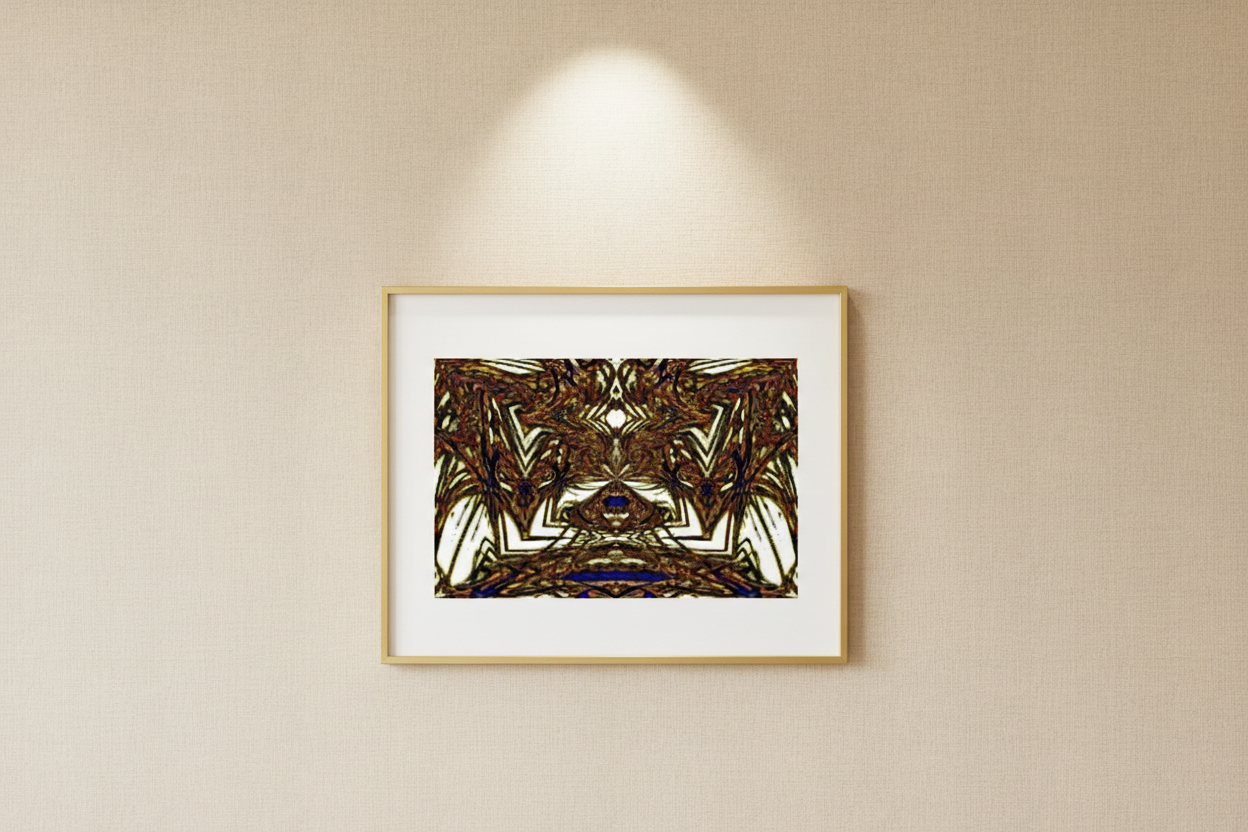 SYMMETRIE MANDALA Premium Kunstprint als gerahmtes Poster an warmer Leinenwand mit elegantem Spotlight