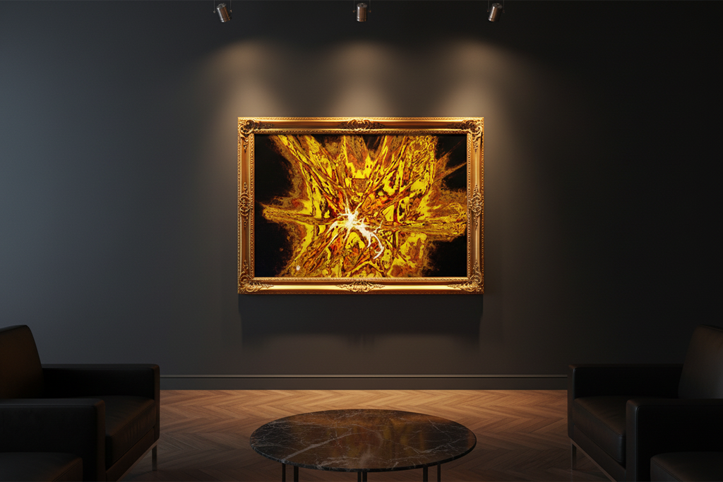 GOLDEN NOVA — Premium Kunstprint im Raum, dunkles Luxus-Interieur, goldenes Kunstwerk an der Wand, Galerie-Mockup