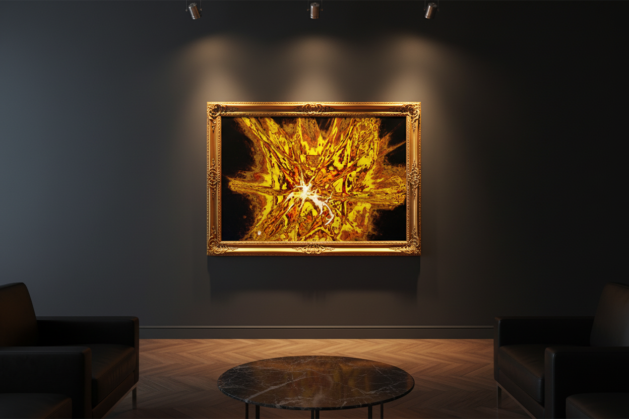 GOLDEN NOVA — Premium Kunstprint im Raum, dunkles Luxus-Interieur, goldenes Kunstwerk an der Wand, Galerie-Mockup