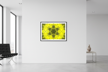 VECTOR STAR LINE CORE Premium Kunstprint als gerahmtes Poster an weißer Galeriewand mit cleanem Licht
