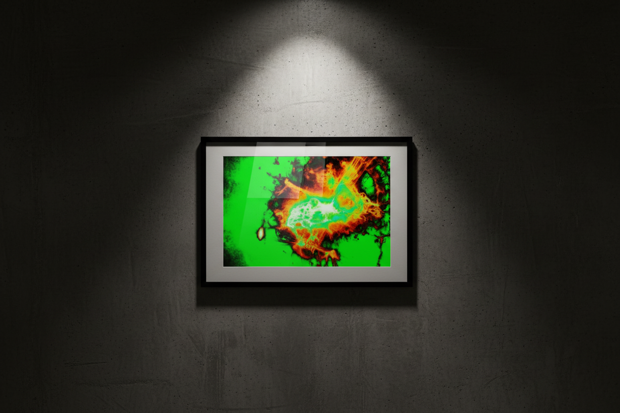 URKNALL Premium Kunstprint als gerahmtes Poster an dunkler Betonwand mit dramatischem Spotlight