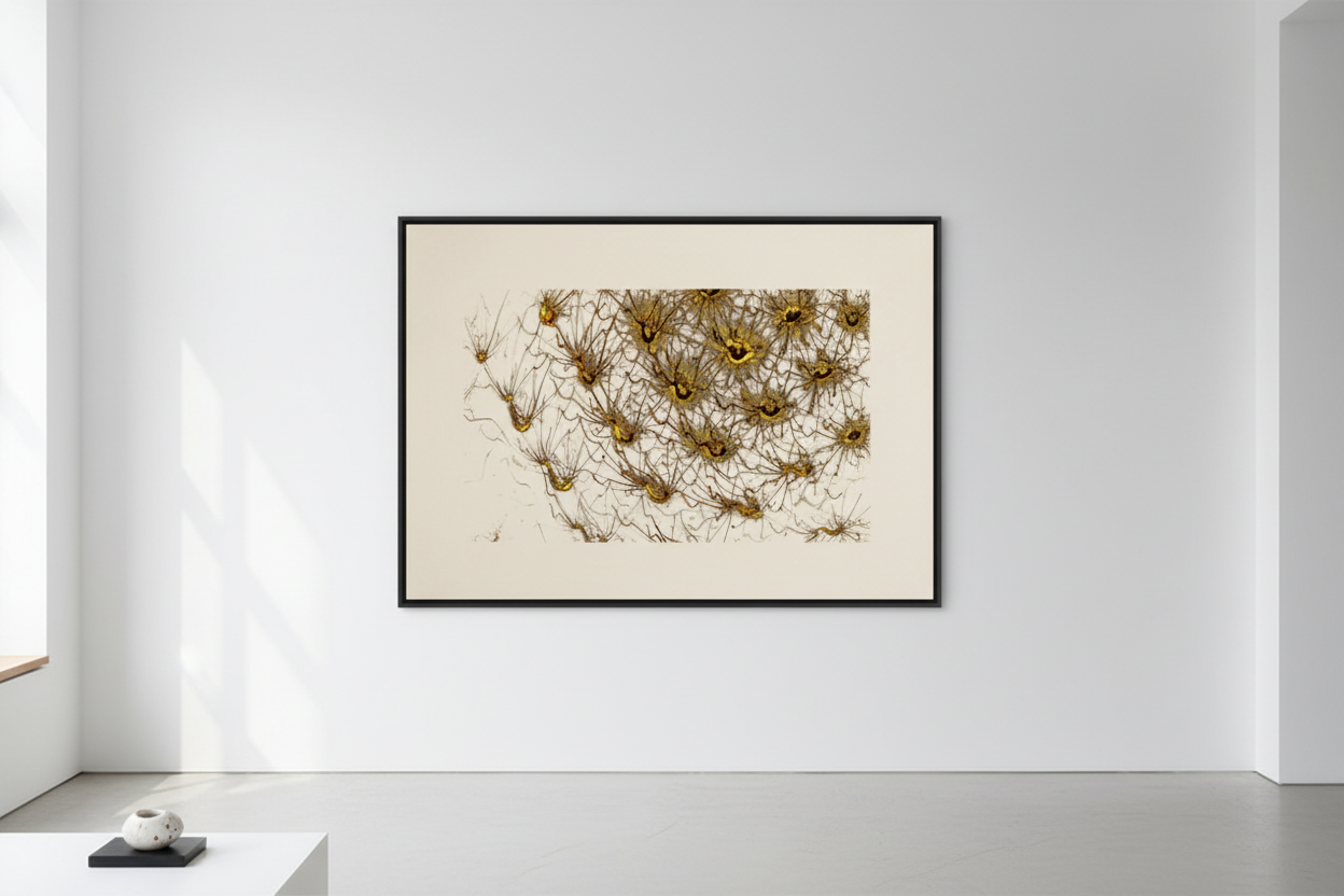 AMBER WEB – Galerie-Mockup, gerahmter Kunstdruck im Querformat an weißer Wand