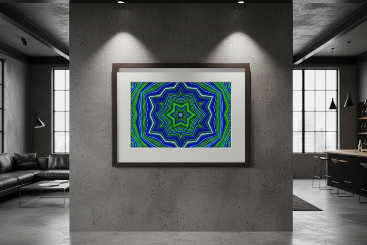 AQUA STAR Premium Kunstprint als gerahmtes Poster an dunkler Betonwand im modernen Loft