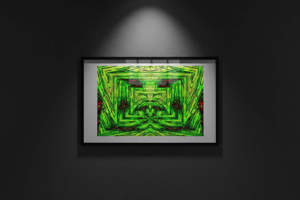 NEON GRID TUNNEL Premium Kunstprint als gerahmtes Poster an dunkler Wand mit dramatischem Spotlight