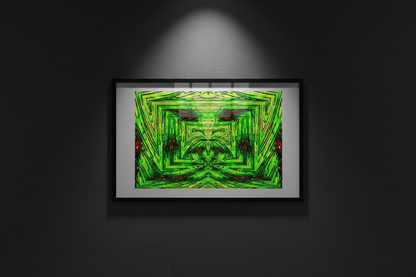 NEON GRID TUNNEL Premium Kunstprint als gerahmtes Poster an dunkler Wand mit dramatischem Spotlight
