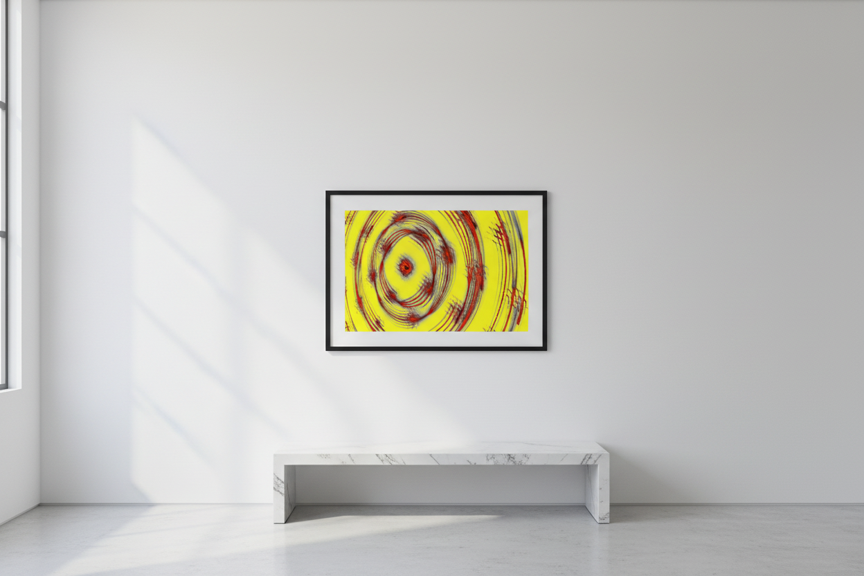SOLAR VORTEX – Galerie-Mockup, gerahmter Kunstdruck im Querformat an weißer Wand