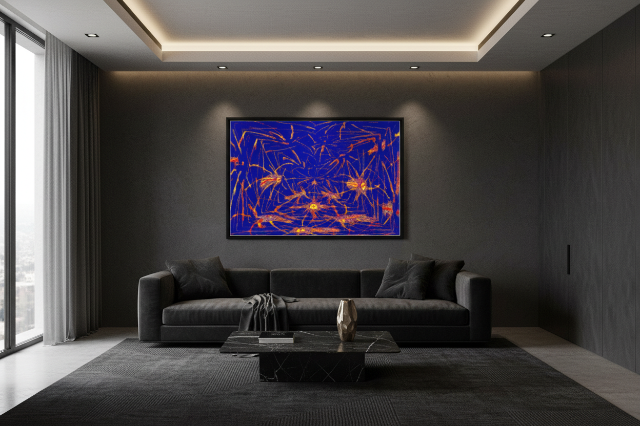 SOLAR CURRENT — Flow Illusion Print im dunklen Wohnzimmer, Querformat Raum-Mockup