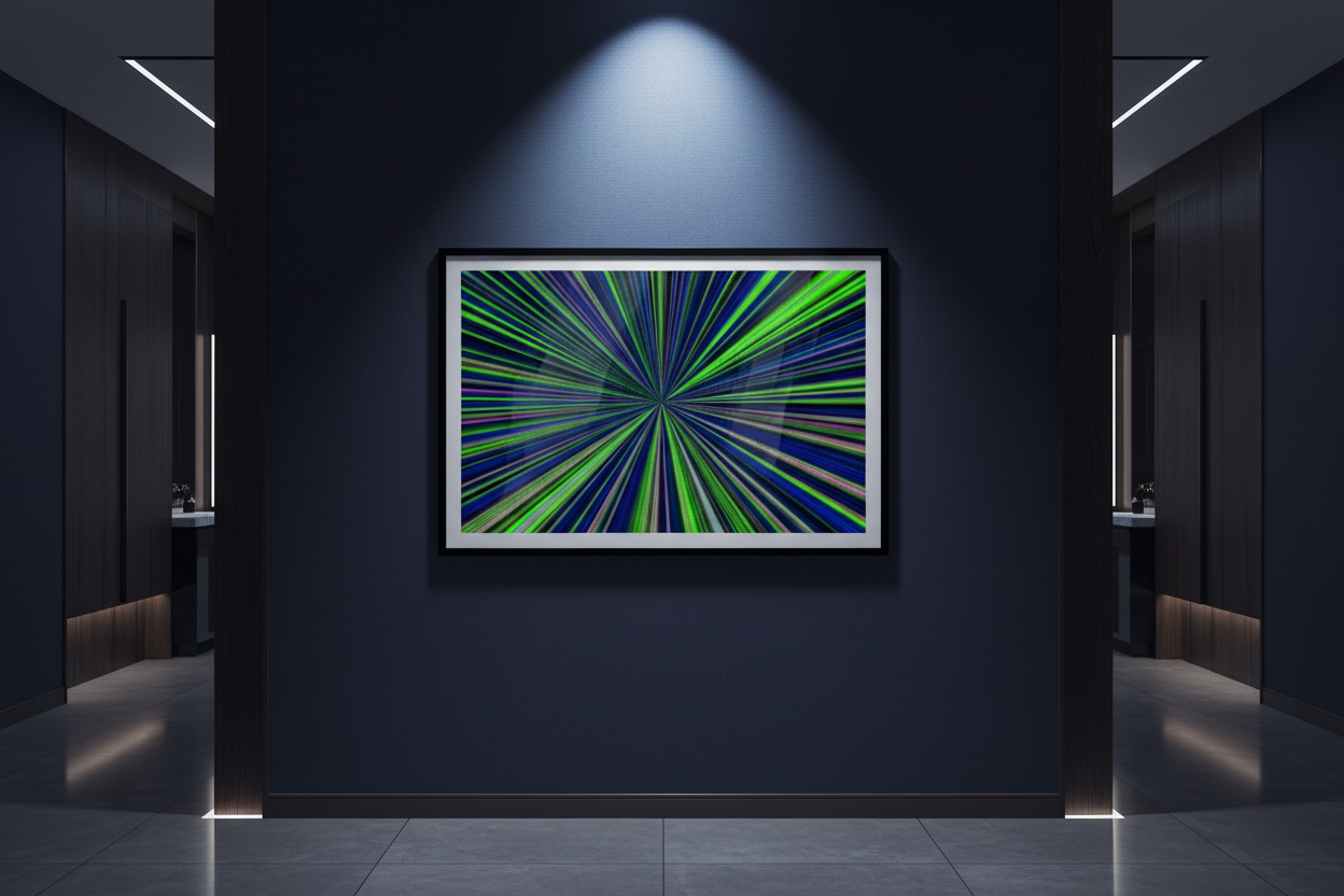 GRÜNER WARP Premium Kunstprint als gerahmtes Poster an dunkler Wand mit dramatischem Spotlight