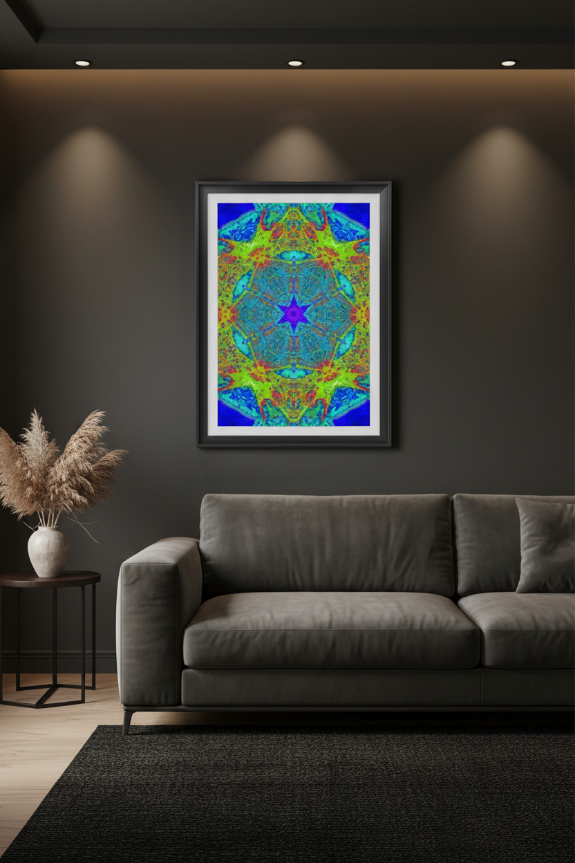 OCEAN CORE — Premium Kunstprint im dunklen Wohnzimmer, Hochformat Raum-Mockup
