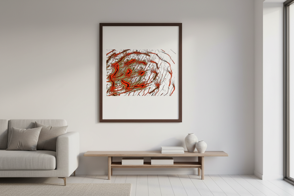 CRIMSON VORTEX — Raumansicht Premium Kunstprint, helles Wohnzimmer Scandinavian Style