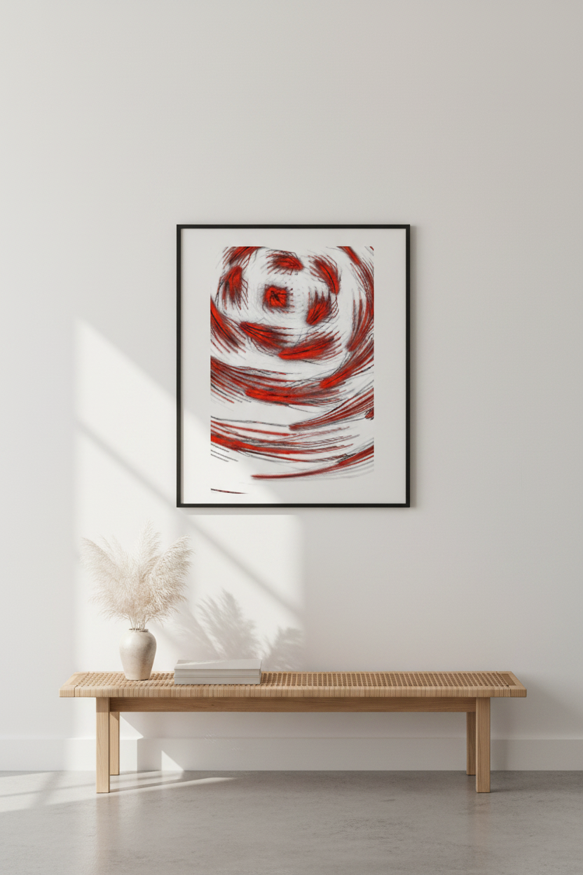 CRIMSON STORM – Galerie-Mockup, gerahmter Kunstdruck im Hochformat an weißer Wand