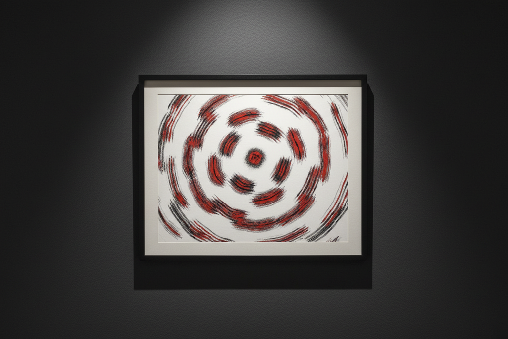 RED WAVE ECHO — Circular Illusion Print, professionelles Querformat Raum-Mockup