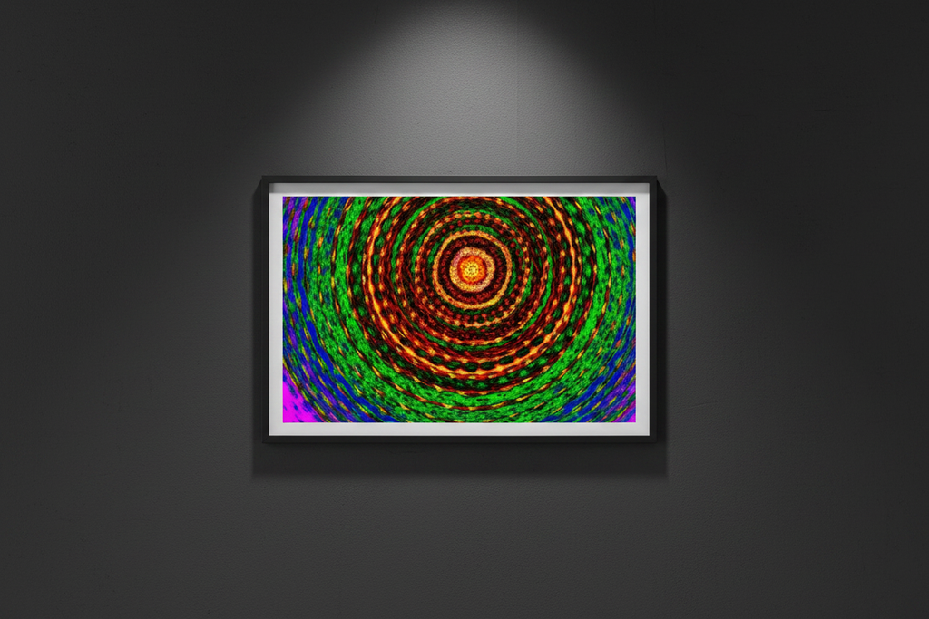 SPECTRAL RINGS — Radiant Illusion Print, professionelles Querformat Raum-Mockup