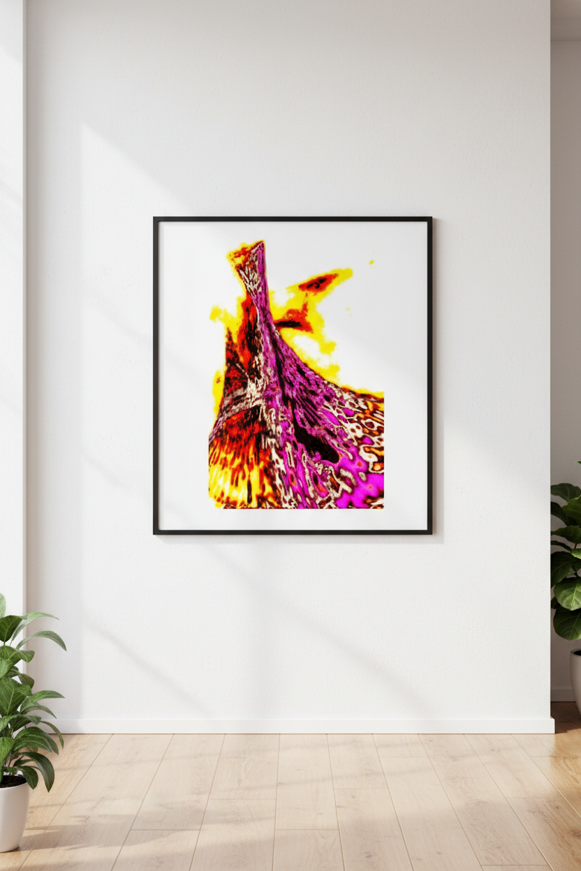 MAGMA SPIKE – Galerie-Mockup, gerahmter Kunstdruck im Hochformat an weißer Wand