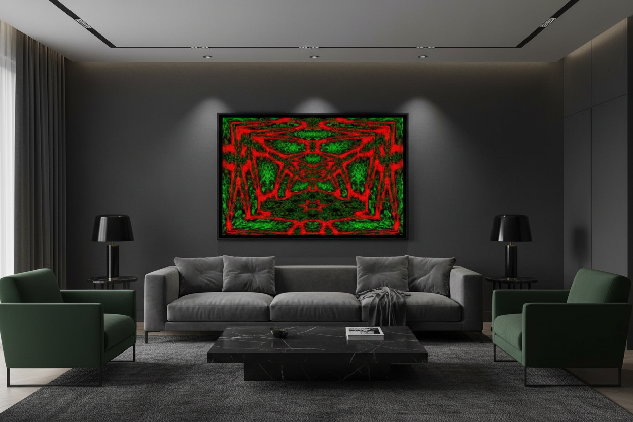 CRIMSON MATRIX — Dual Illusion Print im dunklen Wohnzimmer, Querformat Raum-Mockup