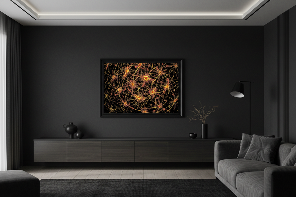 KOSMISCHE NEURONEN – Raum-Mockup, gerahmter Kunstprint an dunkler Galeriewand im modernen Luxus-Wohnzimmer