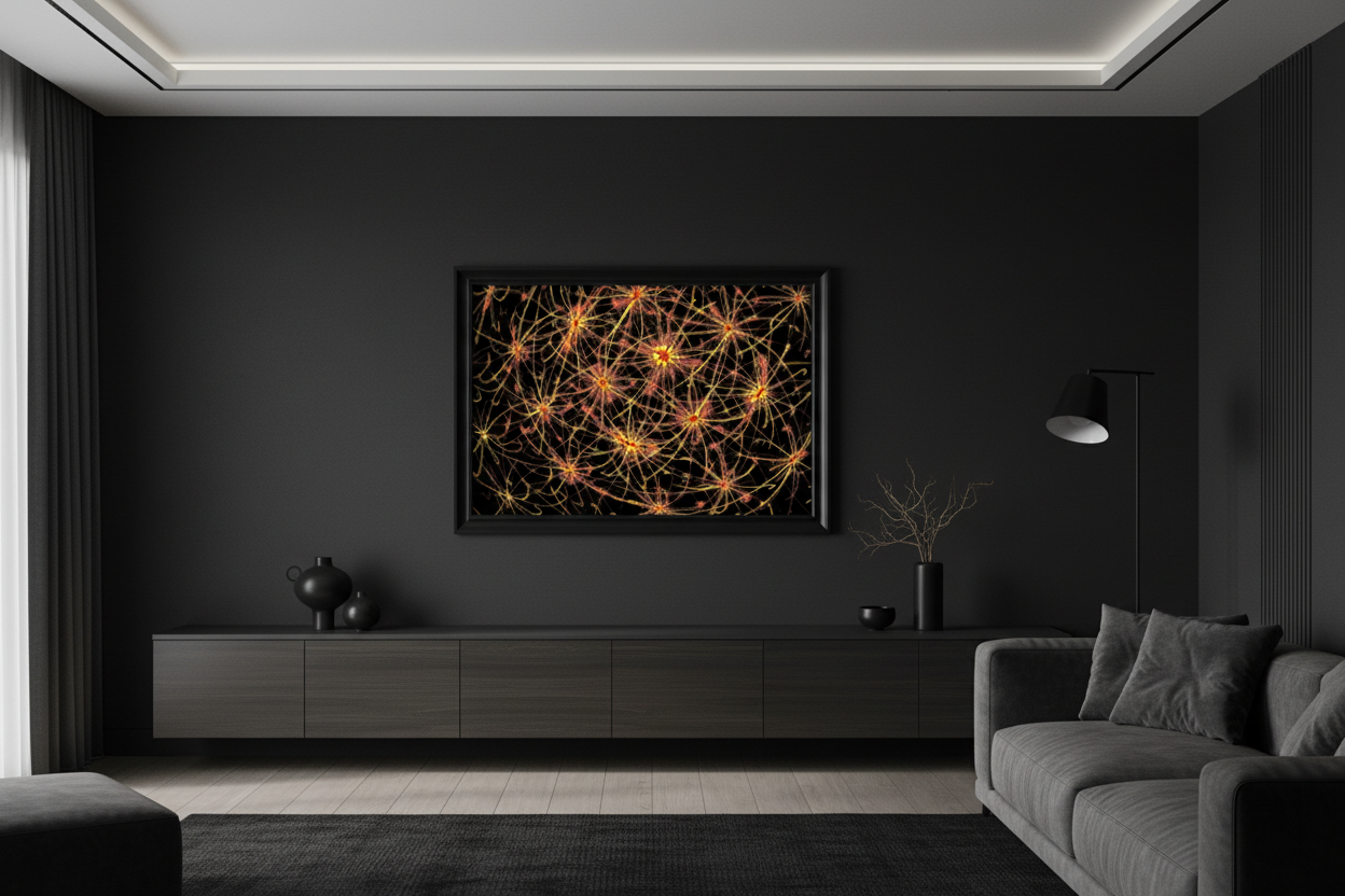 KOSMISCHE NEURONEN – Raum-Mockup, gerahmter Kunstprint an dunkler Galeriewand im modernen Luxus-Wohnzimmer