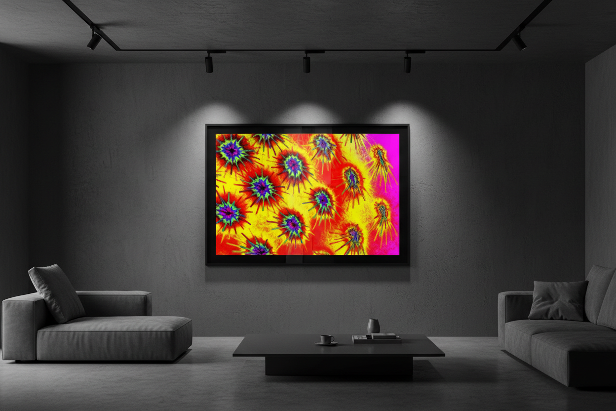NEON MICRO WORLD – Raum-Mockup, gerahmter Kunstprint mit psychedelischen Neon-Blütenformen in Gelb, Rot und Pink an dunkler Galeriewand