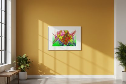 FARBEXPLOSION Premium Kunstprint als gerahmtes Poster an senfgelber Wand in modernem Kunstatelier