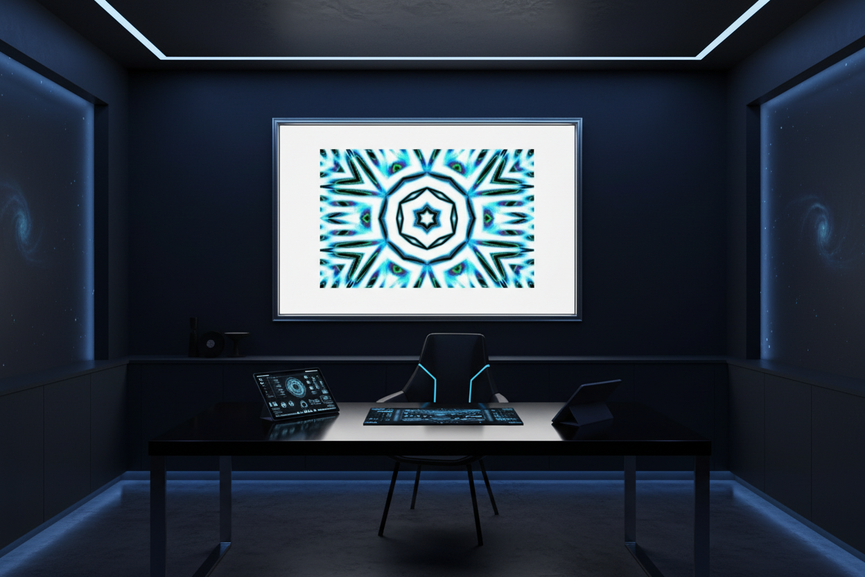 PREON CRYSTAL STAR — Mockup in dunklem Home Office mit Navy-Wand, blauem LED-Licht und Silberrahmen