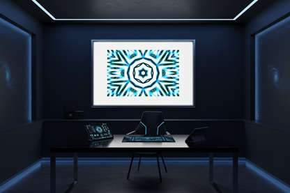 PREON CRYSTAL STAR — Mockup in dunklem Home Office mit Navy-Wand, blauem LED-Licht und Silberrahmen