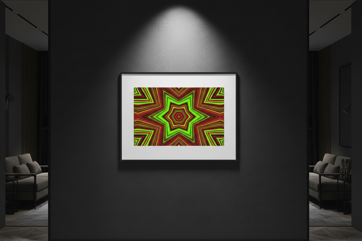 NEONSTERN-ZIEL Premium Kunstprint als gerahmtes Poster an dunkler Wand mit dramatischem Spotlight