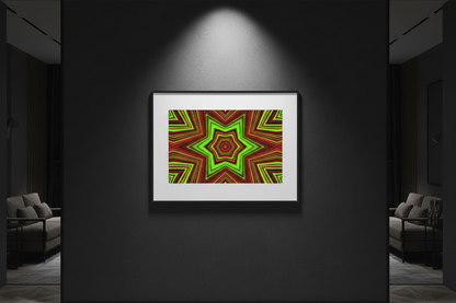 NEONSTERN-ZIEL Premium Kunstprint als gerahmtes Poster an dunkler Wand mit dramatischem Spotlight
