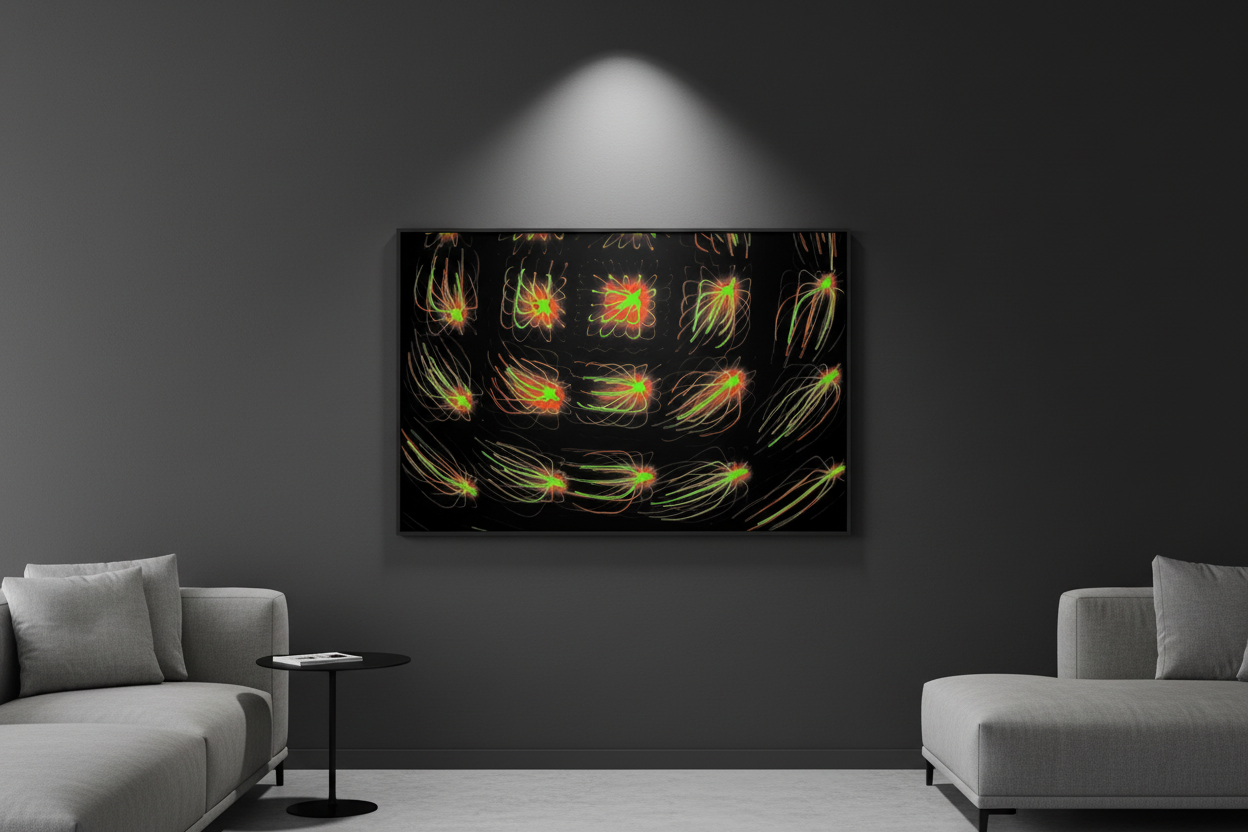 GLÜHENDES RASTER – Raum-Mockup, gerahmter Kunstprint mit leuchtendem Neon-Raster an dunkler Wand im modernen Interieur