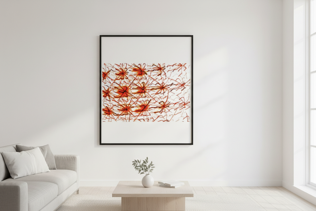 ROTE NEURONEN – Raum-Mockup, gerahmter Kunstprint mit rotem Neuronen-Netzwerk an weißer Wand im modernen Interieur