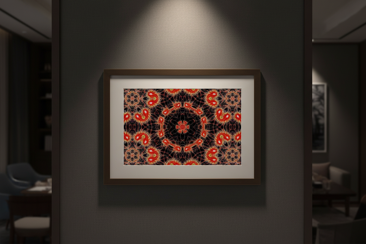 EMBER WEB MANDALA Premium Kunstprint als gerahmtes Poster an dunkler Wand mit warmem Spotlight