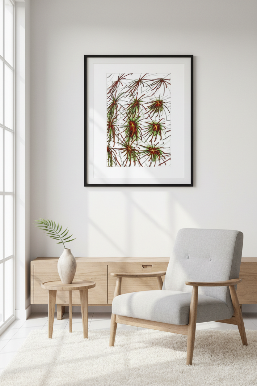 CRIMSON THORN — Raumansicht Premium Kunstprint, helles Wohnzimmer Scandinavian Style
