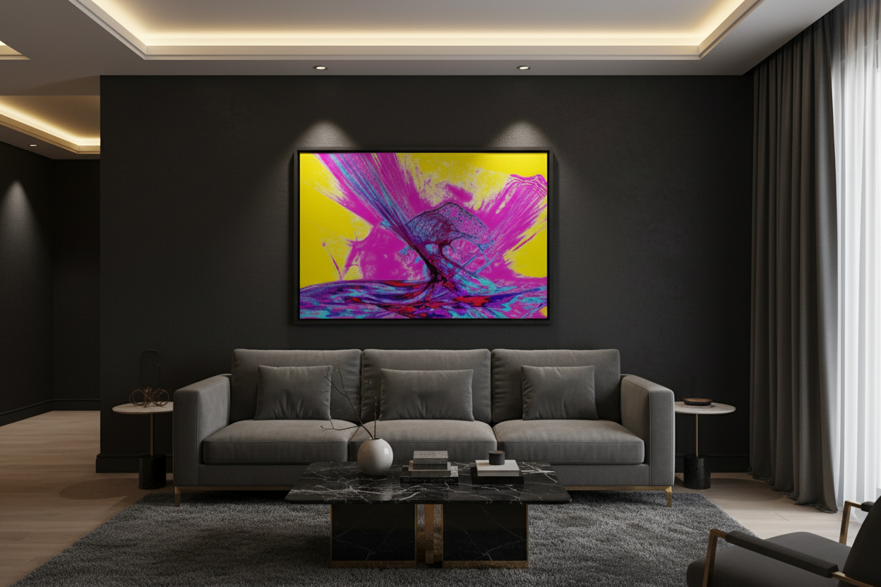 CHROMATIC WAVE — Premium Kunstprint im Raum, elegantes dunkles Wohnzimmer, Galerie-Spotlight, Wandbild Mockup