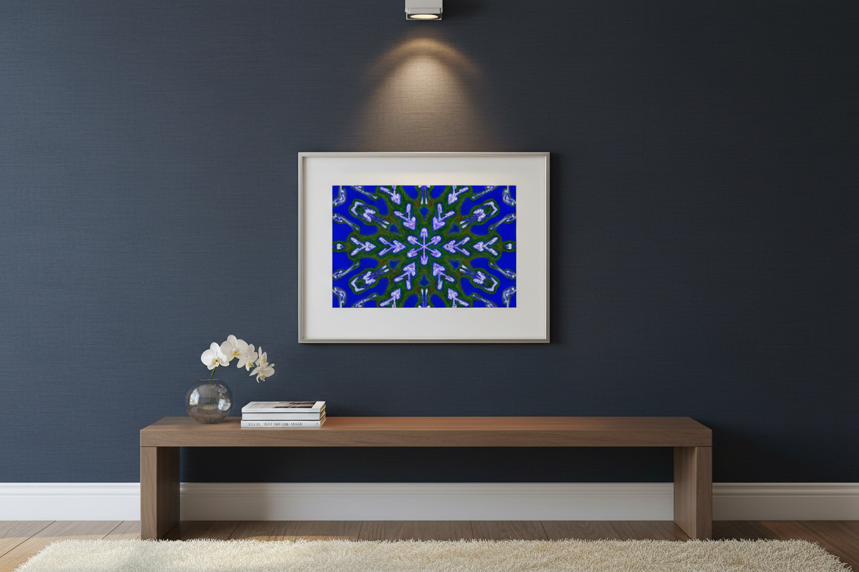 EMERALD ICE MANDALA Premium Kunstprint als gerahmtes Poster an dunkler Wand mit elegantem Spotlight