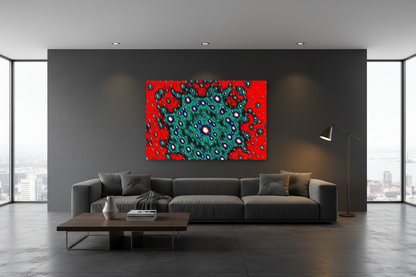 TIEFE ZELLE – Raum-Mockup, gerahmter Kunstprint mit türkis-grünen Zellstrukturen auf Feuerrot in modernem Luxus-Interieur