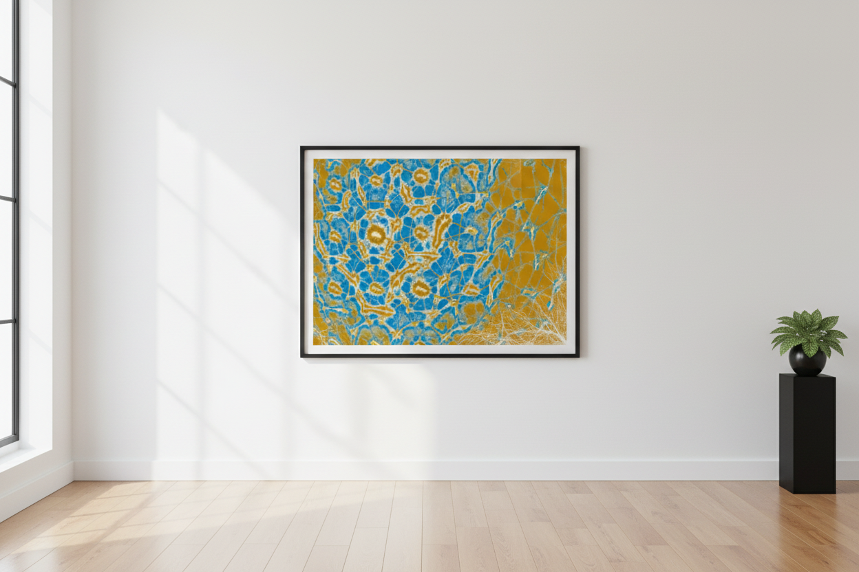 CORAL DRIFT – Galerie-Mockup, gerahmter Kunstdruck im Querformat an weißer Wand