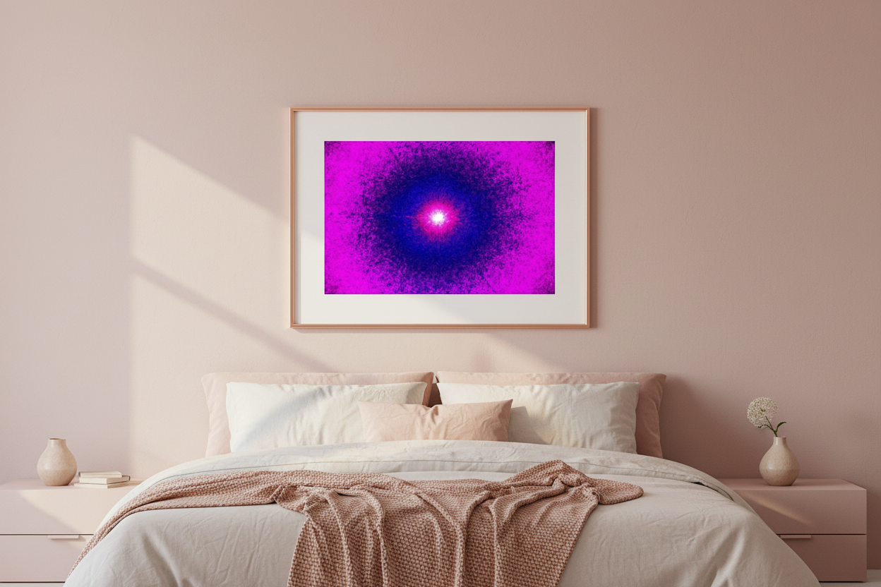 KOSMISCHER GLOW Premium Kunstprint als gerahmtes Poster mit Roségold-Rahmen an zartrosa Wand in elegantem Schlafzimmer