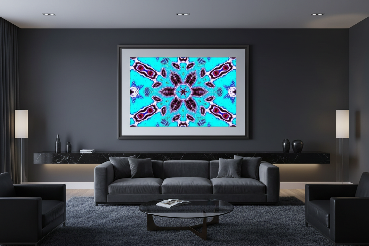 AURORA BLOOM — Symmetry Illusion Print im dunklen Wohnzimmer, Querformat Raum-Mockup