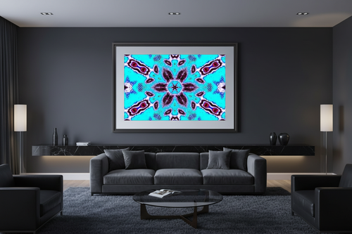 AURORA BLOOM — Symmetry Illusion Print im dunklen Wohnzimmer, Querformat Raum-Mockup
