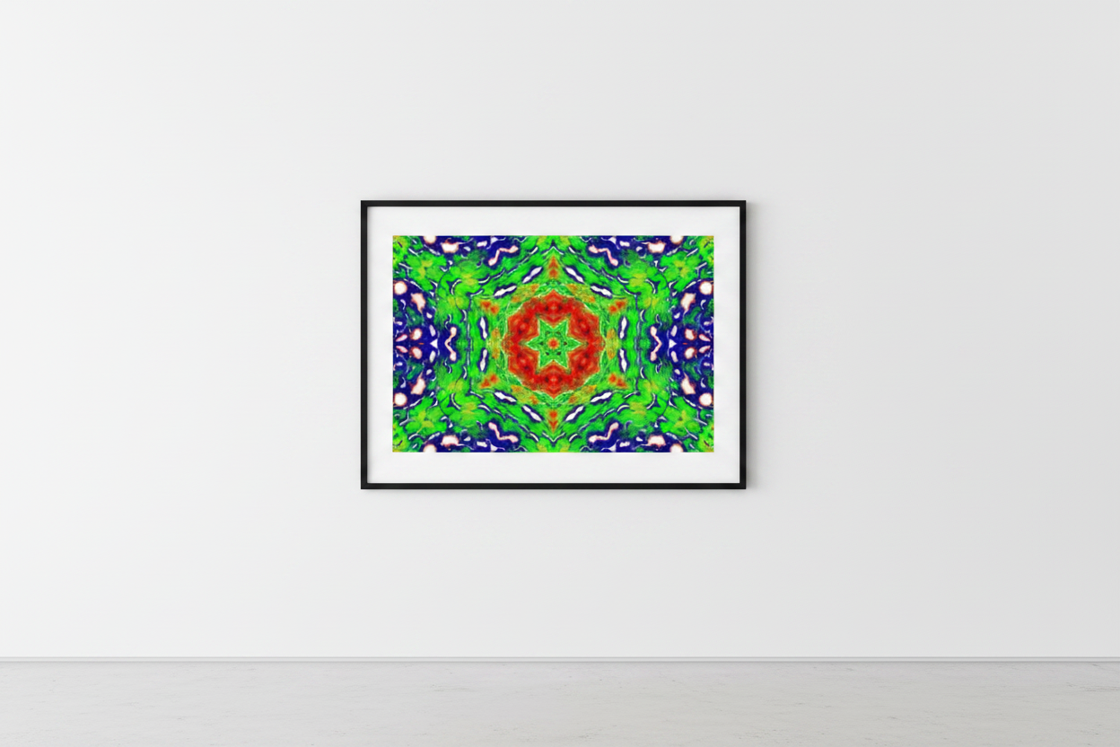 SPECTRUM STAR MANDALA Premium Kunstprint als gerahmtes Poster an weißer Galeriewand mit cleanem Licht