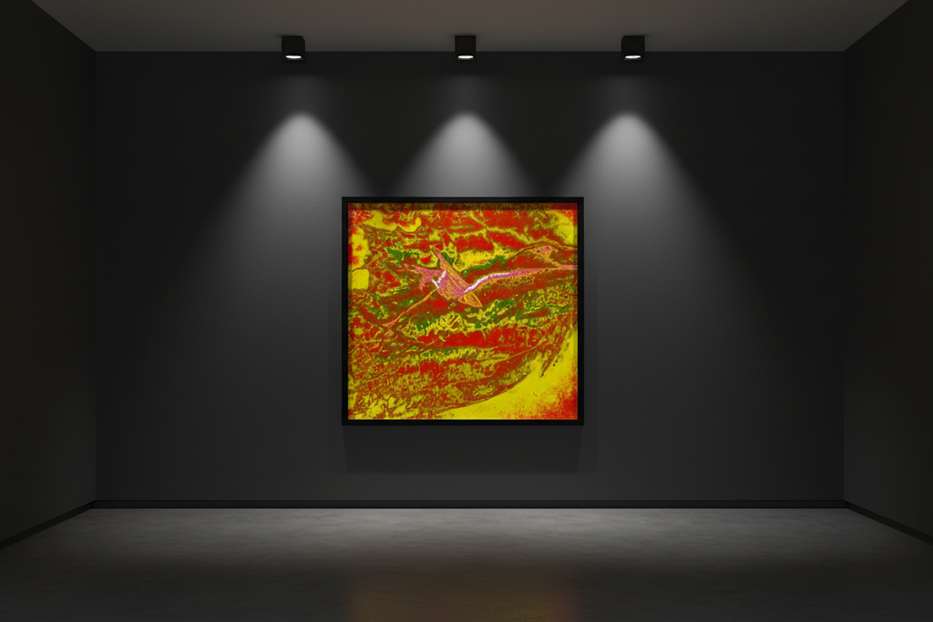 TERRA FLUX — Premium Kunstprint im Raum, dunkles Galerie-Interieur, warme Beleuchtung, Wandbild Mockup
