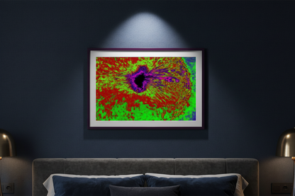 CHROMATISCHER KERNWIRBEL Premium Kunstprint als gerahmtes Poster an dunkelblauer Wand in luxuriösem Schlafzimmer mit Samt-Texturen